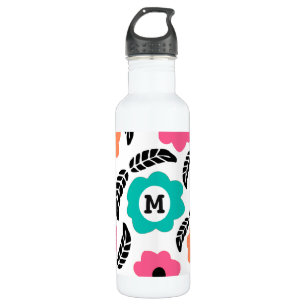 Moderne, helle Blume und Schwarzleder-Monogramm Edelstahlflasche