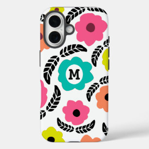 Moderne helle Blumen und schwarzes Blatt-Monogramm iPhone 16 Hülle