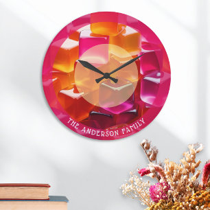 Moderne helle Gelee-Würfel Rosa Orange Personalisi Große Wanduhr