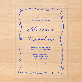 Moderne helle Hand Drawn Blue Border Wedding Acryleinladungen