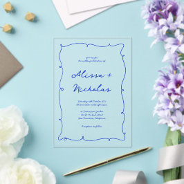 Moderne helle Hand Drawn Blue Border Wedding Acryleinladungen