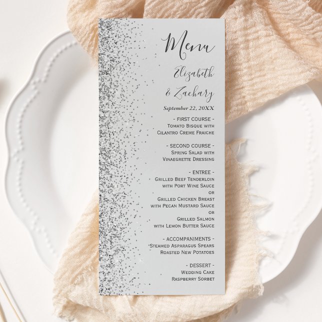 Moderne, hellgraue Silver Glitzer Edge Wedding Menükarte (Von Creator hochgeladen)