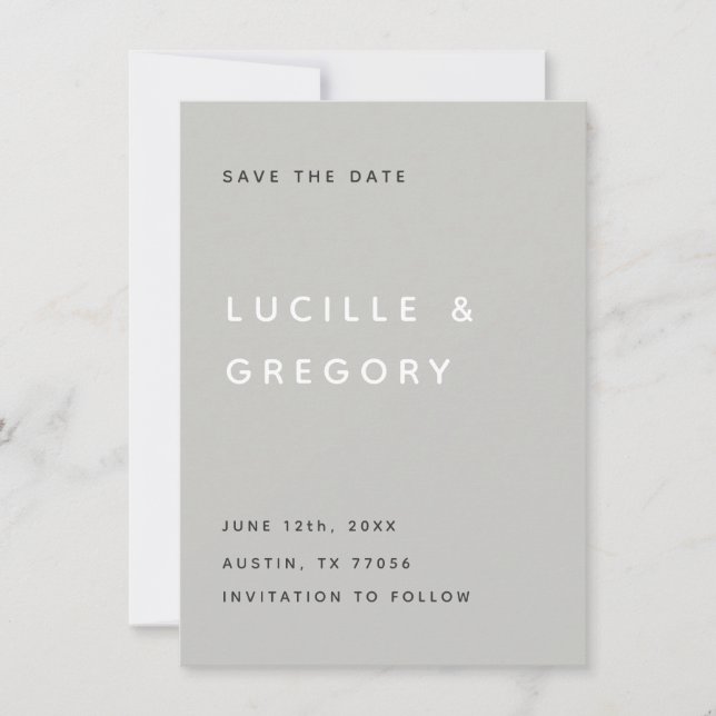 Moderne hellgraue Überschrift in Großbuchstaben Save The Date (Vorderseite)