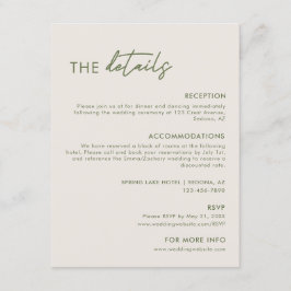 Moderne hellgraue und olive-grüne Hochzeitsdetails Begleitkarte