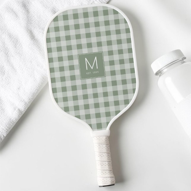Moderne Hellgrüne Gingham-Monogramm Etablierte Fir Pickleball Schläger (Modern Sage Green Gingham Monogram Established Est Pickleball Paddle)