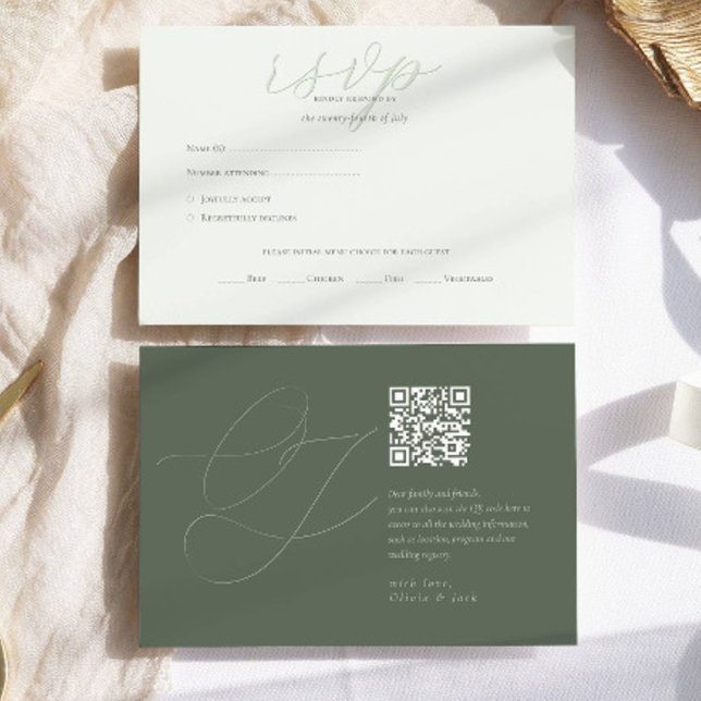 Moderne Hellgrüne QR-Code-Initialen-Hochzeit RSVP Karte (Von Creator hochgeladen)