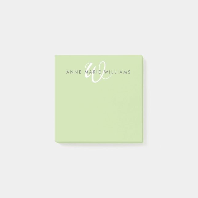 Moderne hellgrüne weiße Schreibschrift-Monogramm Post-it Klebezettel (Vorderseite)
