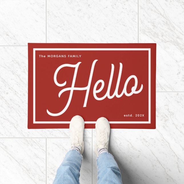 Moderne Hello Rot Weiße Skript Familienname Fußmatte (Indoor)