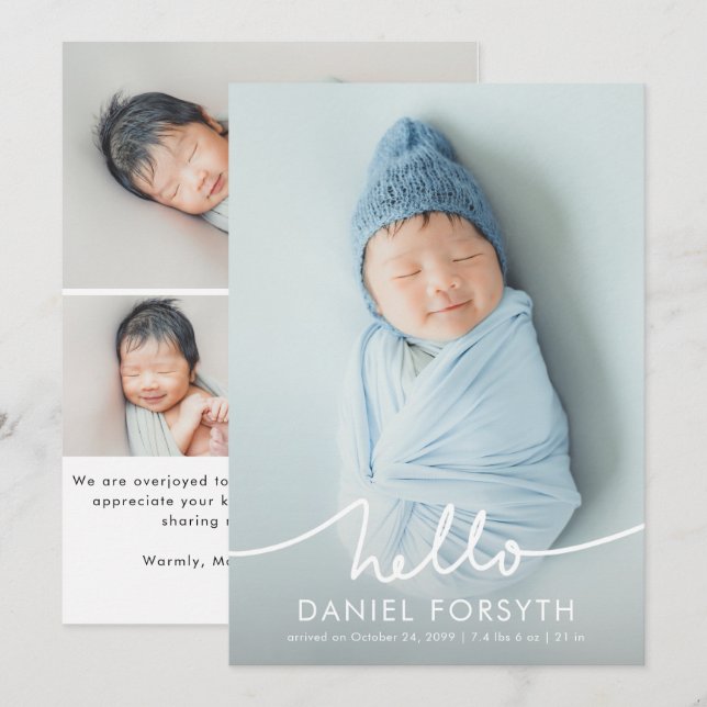 Moderne Hello Schrift Neugeborenen-Baby-Foto-Gebur Ankündigung (Vorne/Hinten)