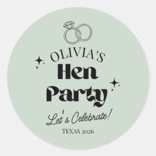 Moderne Hen Party mit individuellem Namen   Salbei Runder Aufkleber
