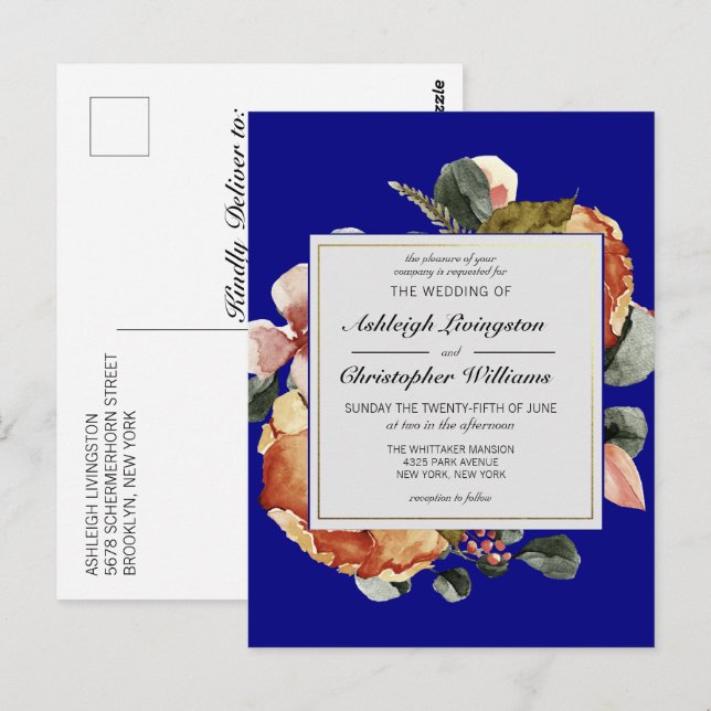 Moderne Herbstblauer Hochzeitseinladung Postkarte (Vorne/Hinten)