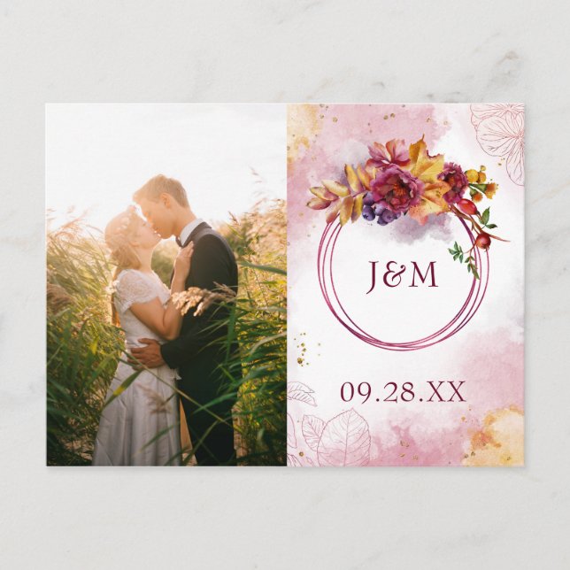 Moderne Herbstlaub Marsala Foto Save the Date Einladungspostkarte (Vorderseite)