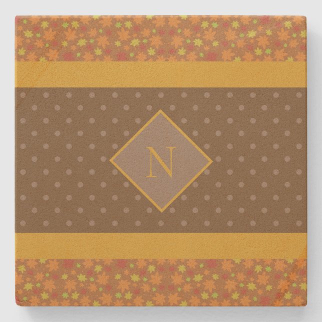 Moderne Herbstlaub Monogram Brown Polka Dot Steinuntersetzer (Vorderseite)