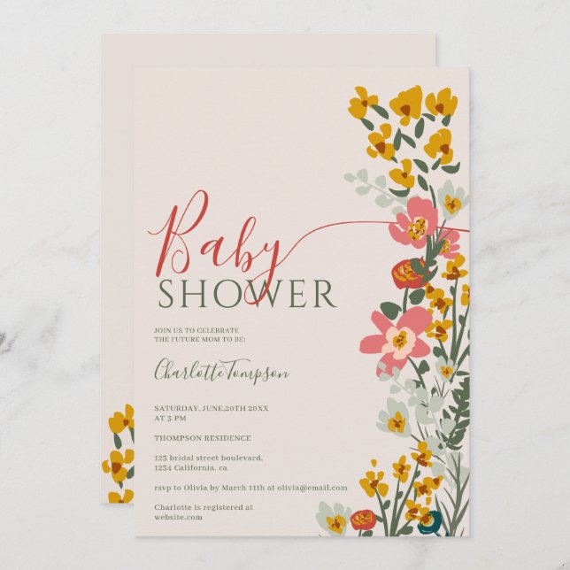 Moderne Herbstretro-Blume erröten Babydusche Einladung (Vorne/Hinten)