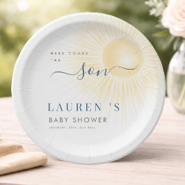 Moderne "Here Comes The Son" Babyparty für Jungen Pappteller