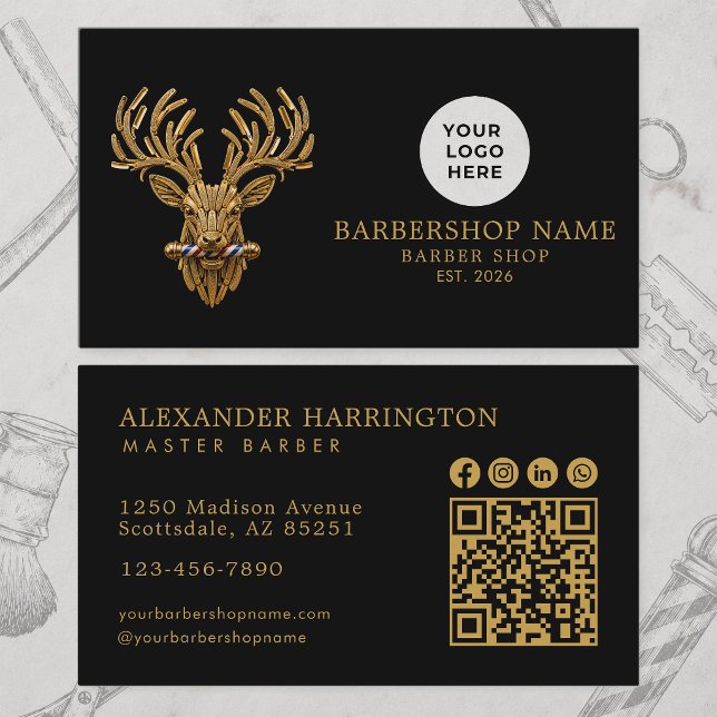 Moderne Herrenbarbier Goldhirsch Qr Code Soziale I Visitenkarte (Von Creator hochgeladen)