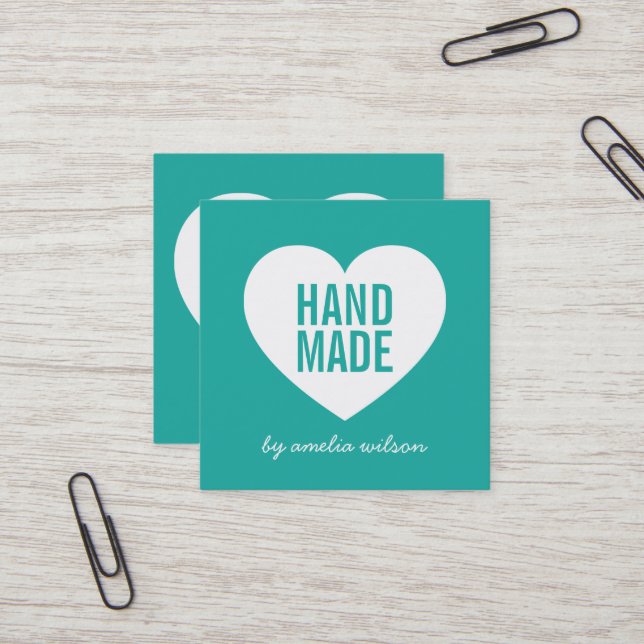 Moderne Herz bearbeitbare Hintergrundfarbe Handgef Quadratische Visitenkarte (Vorderseite/Rückseite Beispiel)