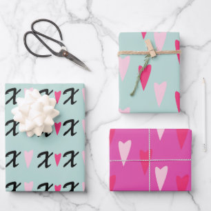 Moderne Herzen Rosa X und Herz Muster Geschenkpapier Set