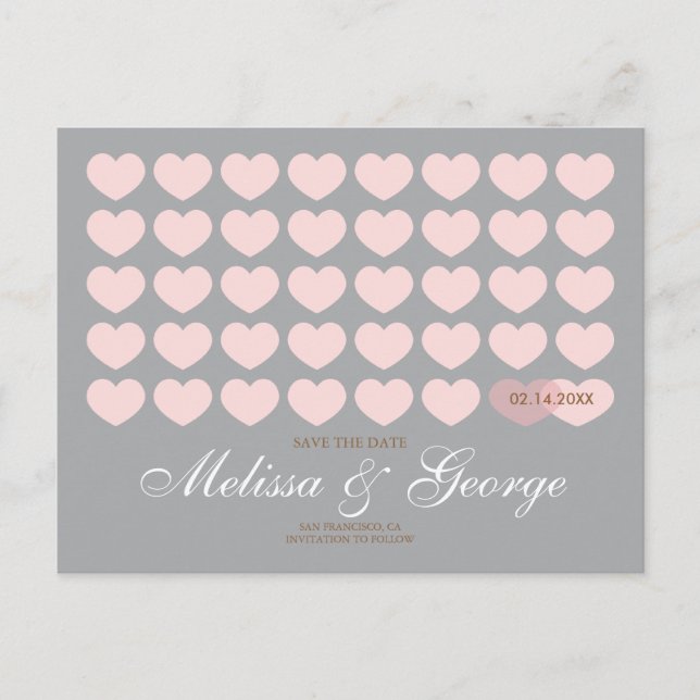 Moderne Herzen Save the Date: Silber Ankündigungspostkarte (Vorderseite)