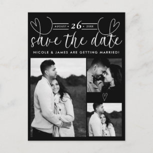 Moderne Herzen Schwarz & Weiß Chic Save-the-Date Ankündigungspostkarte