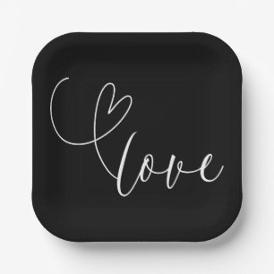 Moderne Herzen Schwarz-weiß-Liebe Minimal-Hochzeit Pappteller