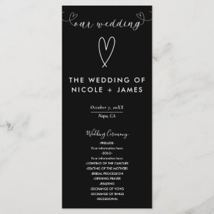 Moderne Herzen Schwarz-Weiß-Minimal-Hochzeit Programm