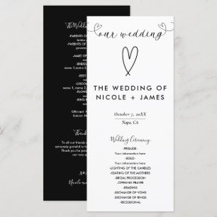 Moderne Herzen Schwarz-Weiß-Minimal-Hochzeit Programm