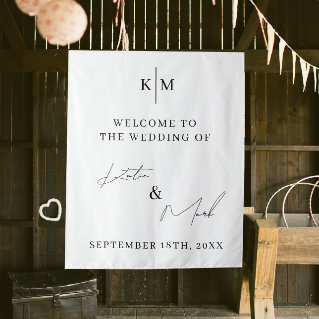 Moderne Herzlich willkommen bei unserem Hochzeitss Wandteppich (Modern Welcome To Our Wedding Script Sign Tapestry)