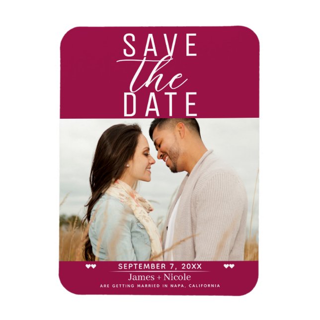 Moderne Himbeere Save the Date Hochzeitsstich Foto Magnet (Vertikal)