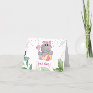Moderne Hippo Pink Green Blätter Kinderdusche Dankeskarte