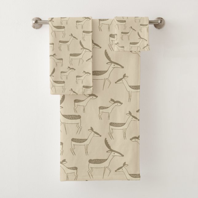 Moderne Hirschillustration Beiges Muster Badetuch  Badhandtuch Set (Insitu)