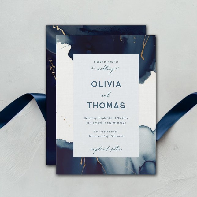 Moderne Hochzeit am Aquamarinen Goldstrand von Nav Einladung (navy blue gold wedding invitation modern romantic elegant bohemian simple classy luxury chic winter)
