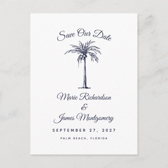 Moderne Hochzeit am Blue Beach Save the Date Ankündigungspostkarte (Vorderseite)