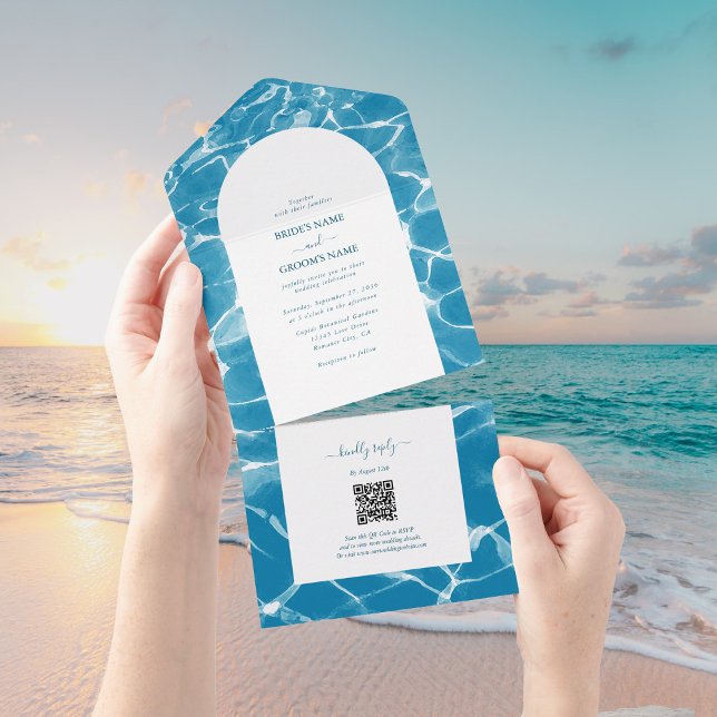 Moderne Hochzeit am Blue Ocean Beach All In One Einladung (Modern Watercolor Blue Ocean Beach Wedding All In One Invitation)