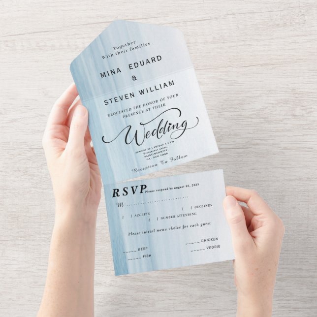 Moderne Hochzeit am Strand All In One Einladung (Abreißen)