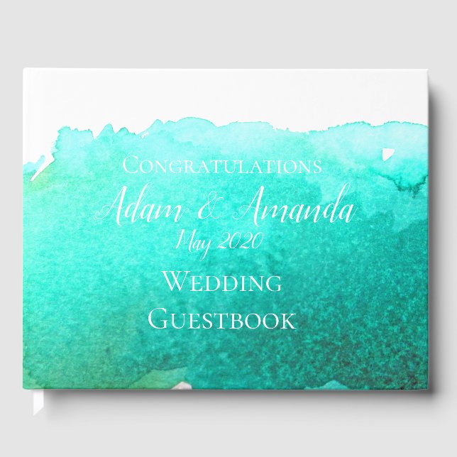 Moderne Hochzeit aquamariner Wasserfarben Gästebuch (Vorderseite)