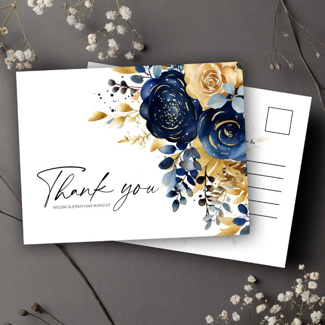 Moderne Hochzeit der Blauen Gold-Blume Postkarte (Modern Navy Blue Gold Floral Wedding Postcard)