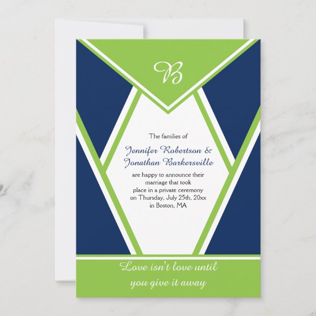 Moderne Hochzeit der Blue Lime Green Post Einladung (Vorderseite)