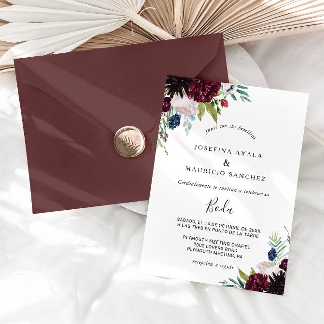 Moderne Hochzeit der Burgundy Navy Blush Spanische Einladung (Von Creator hochgeladen)