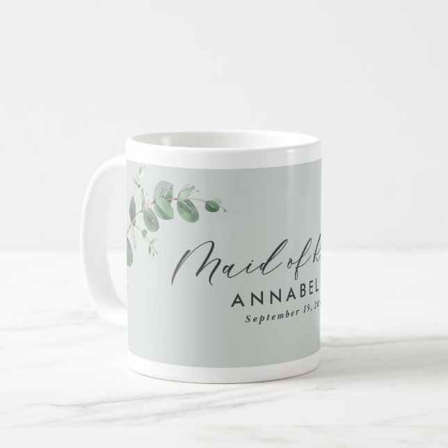 Moderne Hochzeit der Eukalyptus-Trauzeugin Kaffeetasse (Vorderseite Links)