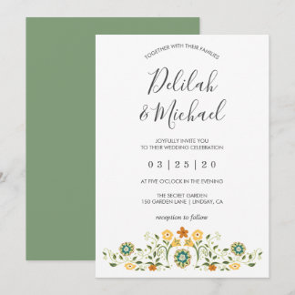Moderne Hochzeit der grünen Gelbblüte Einladung