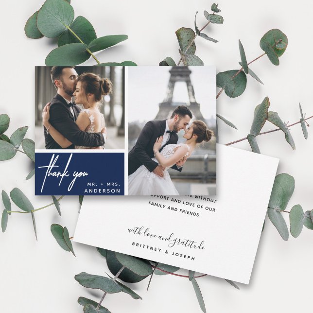 Moderne Hochzeit der Navy (Two photo hand lettered thank you wedding card with a minimalistic design perfect for any couple.)