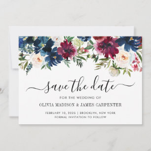 Moderne Hochzeit der Navy Blue Burgundy Red Peony Save The Date