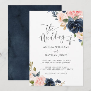 Moderne Hochzeit der Navy Blush Floral Einladung