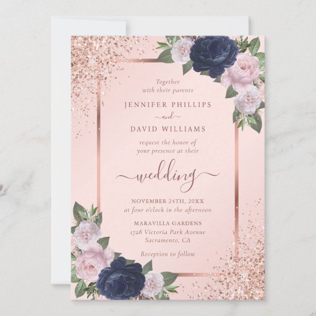 Moderne Hochzeit der Rose Gold Navy Blush Einladung (Vorderseite)