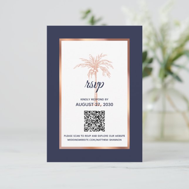 Moderne Hochzeit der Rose Gold Palm Tree Moderne H RSVP Karte (Stehend Vorderseite)