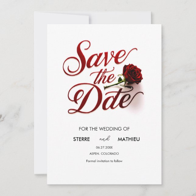 Moderne Hochzeit der Rote Rose Save The Date (Vorderseite)
