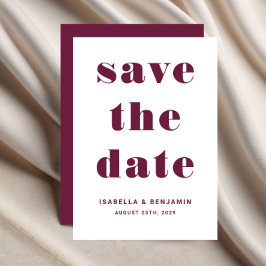 Moderne Hochzeit der roten Typografie in Burgund Save The Date