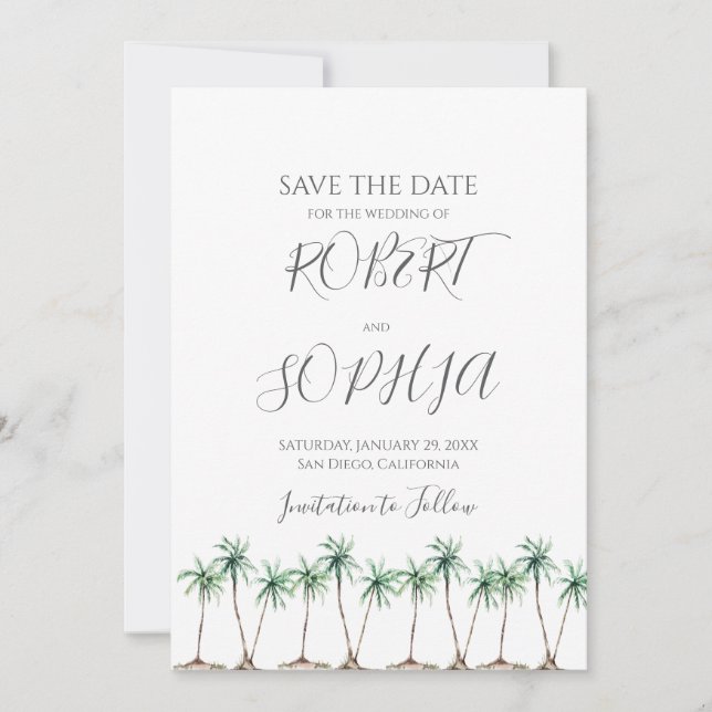 Moderne Hochzeit der Wasserfarbenpalme Save The Date (Vorderseite)