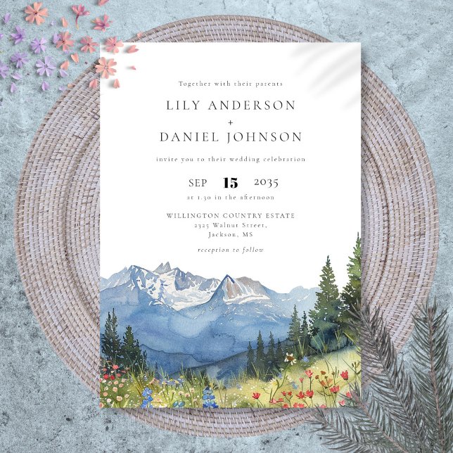 Moderne Hochzeit der Wildblume Watercolor Einladung (Modern Watercolor Mountain Wildflower Wedding Invitation)